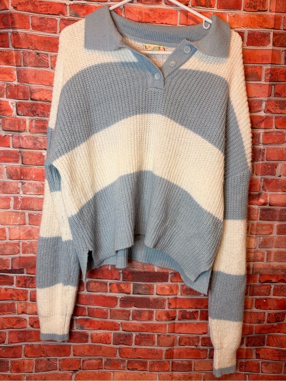 Baby Blue and Cream Striped Polo-Collar Sweater